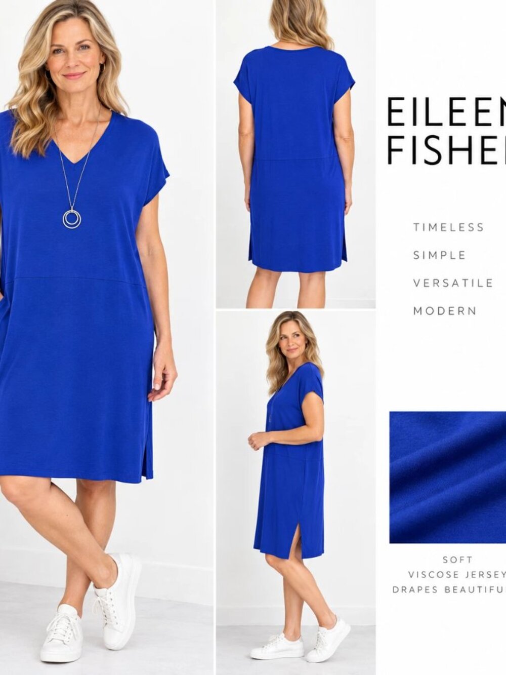 Eileen Fisher Dress Womens M Blue V-Neck Viscose Jersey Shift Side Slit